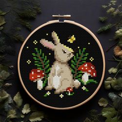 mushroom bunny, cross stitch pattern pdf, summer cross stitch, woodlfnd embroidery, rabbit, forest, spring decor