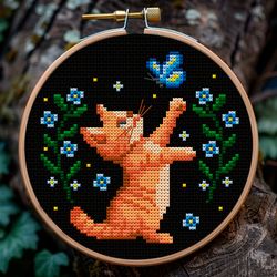 funny cat summer embroidery: easy cross stitch pattern for beginners & cottagecore fans