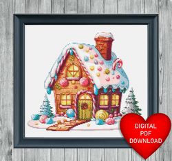 cross stitching pattern gingerbread house, instant pdf download, 14ct aida, embroidery, dmc floss threads, christmas