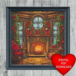 cross stitch pattern, christmas fireplace, instant pdf download, x stitching, 14ct aida, embroidery, dmc floss threads