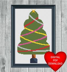 cross stitch pattern christmas tree with tinsel, instant pdf download, x stitch, 14ct aida, embroidery, dmc floss thread
