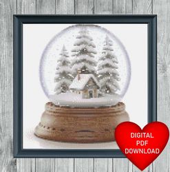 snowy cabin snow globe cross stitch pattern, instant pdf download, x stitching, 14ct aida, embroidery, dmc thread winter