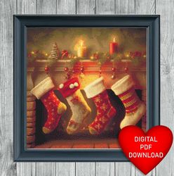 christmas stocking hanging on a fireplace cross stitch pattern, instant pdf download, x stitching, 14ct aida, embroidery