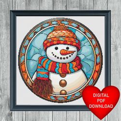 cross stitch pattern, stained glass style carrot nose snowman, instant pdf download, x stitching, embroidery, dmc floss