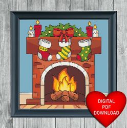 christmas fireplace hanging stockings cross stitch pattern, instant pdf download, x stitching, 14ct aida, embroidery
