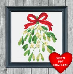 christmas mistletoe cross stitch pattern, instant pdf download, x stitching, 14ct aida, dmc, xmas kiss