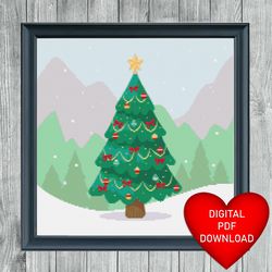 cross stitch pattern, christmas tree with gold star, instant pdf download, x stitch, 14ct aida, embroidery, dmc floss