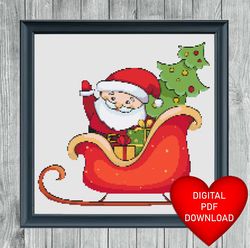 cross stitch pattern, christmas sleigh, instant pdf download, x stitching, 14ct aida, embroidery, dmc thread, santa