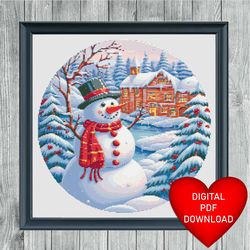cross stitch pattern, manor house snowman winter scene, instant pdf download, x stitching, embroidery, dmc floss threads