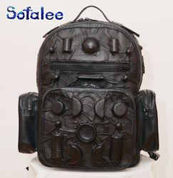 Modern backpack of genuine leather black color, 3D details. Outdoor Casual Backpack.