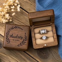 custom engraved engagement ring box, custom square wooden ring box for wedding ceremony proposal, double slot wedding