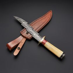 beautiful custom handmade damascus steel camel bone handle zigzag hunting bowie knife with leather sheath