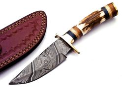 custom handmade 8 inch damascus steel stag horn handle hunting knife