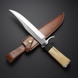 custom handmade d2 steel hunting bowie knife with leather sheath