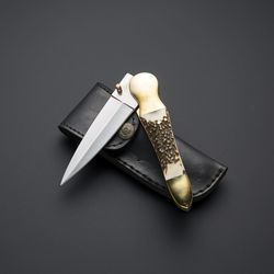 custom handmade d2 steel stag horn handle hunting folding knife with leather sheath