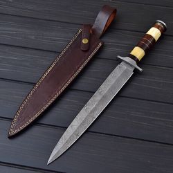 custom handmade damascus steel bone dagger knife with leather sheath