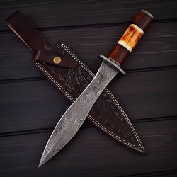 custom handmade damascus steel bone dagger knife with leather sheath