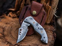 custom handmade damascus steel folding pocket hunting knife with leather sheath