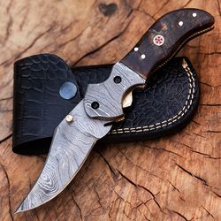 custom handmade damascus steel folding pocket knife with leather sheath