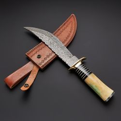 custom handmade damascus steel hunting bowie knife with leather sheath