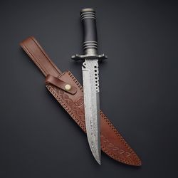 custom handmade damascus steel hunting bowie knife with leather sheath