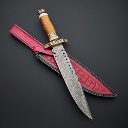 custom handmade damascus steel hunting bowie knife with leather sheath