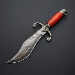 custom handmade damascus steel hunting bowie knife with leather sheath