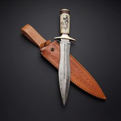 custom handmade damascus steel hunting bowie knife with leather sheath