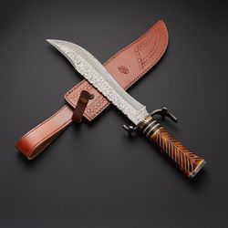 custom handmade damascus steel hunting bowie knife with leather sheath