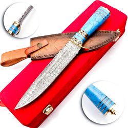custom handmade damascus steel hunting bowie knife with turquois stone & brass & gift box