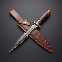 custom handmade damascus steel slim dagger knife with leather sheath