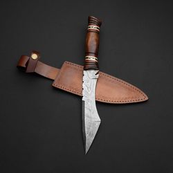 handmade hunting tanto fixed blade damascus steel knife 14 inches edc with leather sheath (rose wood)