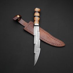 handmade damascus hunting knife with leather sheath, fixed blade knife with leather sheath, dagger knife with leather sh