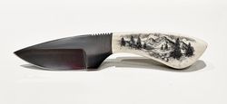 hand engraved scrimshaw fixed blade skinner knife - mountain landscape- hunting knife