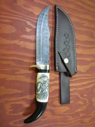 custom 13" high carbon damascus scrimshaw hunting knife camel bone buffalo horn