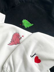 dinosaur embroidered matching couple hoodie, valentine sweatshirt, couple gift, matching couple hoodies, couple hoodies