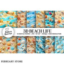 3d beach life seamless patterns