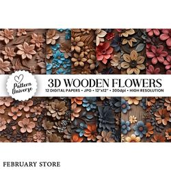 wooden 3d flowers seamless patterns