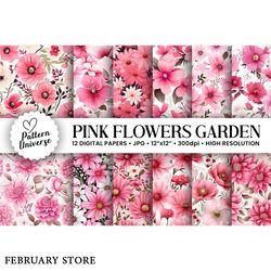 pink flowers garden digital paper pack