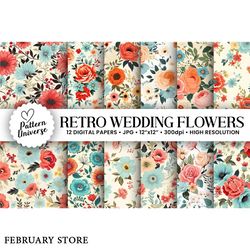 retro wedding flowers digital papers