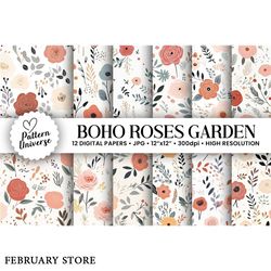 cute boho roses pattern digital papers