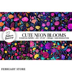 cute neon blooming flowers patterns