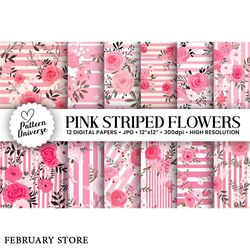 pink striped flowers seamless patterns