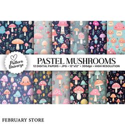 cute pastel mushrooms digital papers