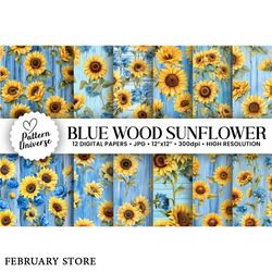 blue wooden sunflowers digital papers