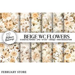 beige watercolor flowers digital papers