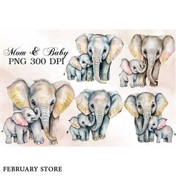 mom and baby elephant watercolor clipart