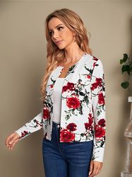 floral print open front jacket - casual long sleeve jacket for spring & fall - women's clothing