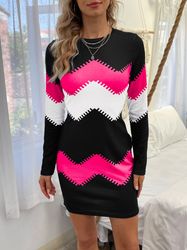 color block simple dress - casual long sleeve bodycon mini dress - women's clothing -