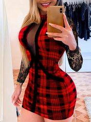 contrast lace plaid splicing dress - party wear long sleeve mini dress - women's clothing